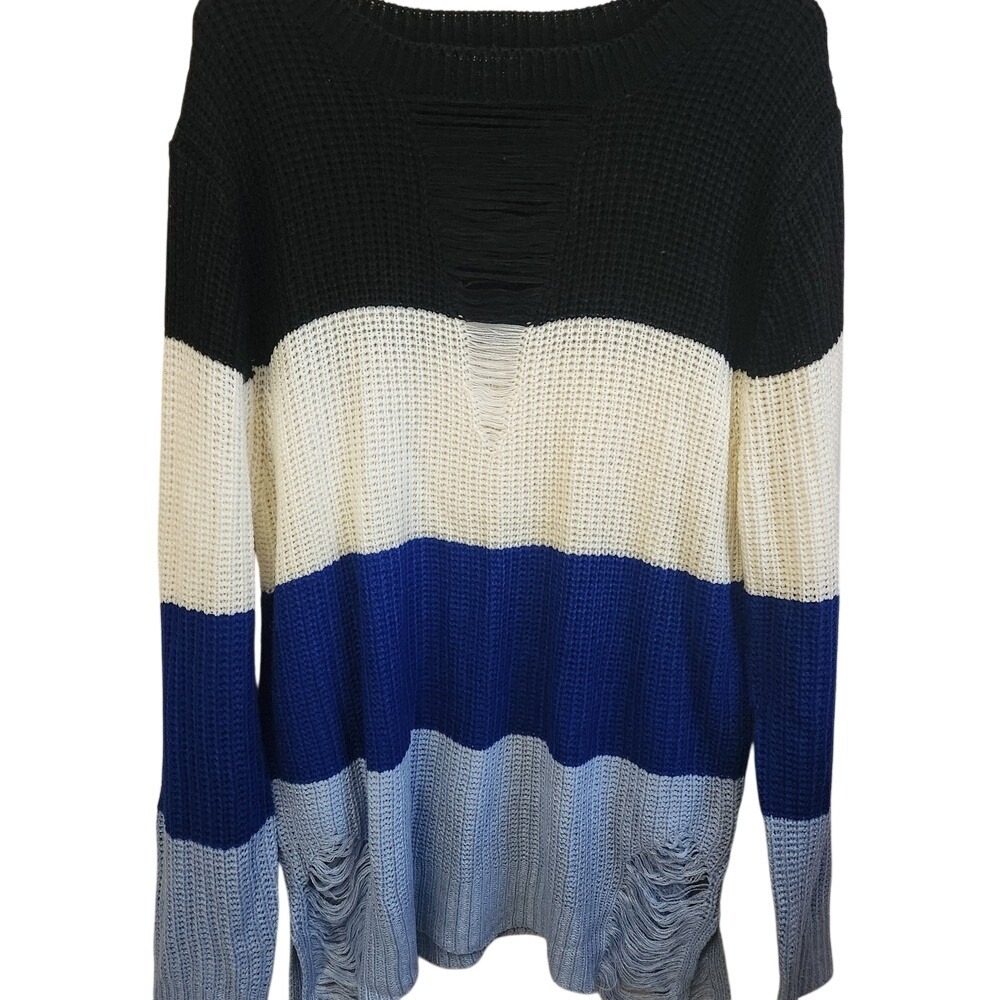 Caren Sport 3X Black‎ Cream Blue Distressed Knit Striped Sweater Oversized